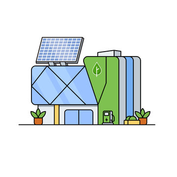Green office building icon with rooftop solar and ev charger