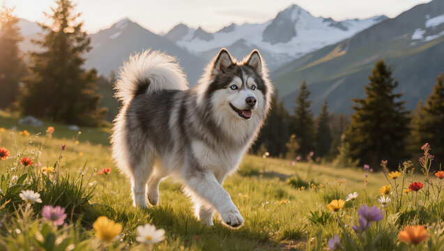 Adult Pomsky Dog Walking in Alpine Meadow Natural Habitat