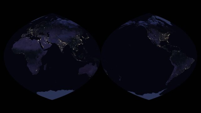 Interrupted quartic authalic world map projection. Quartic authalic projection interrupted into two hemispheres. Animated world night lights texture.