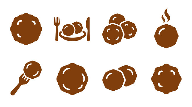 Brown meatball and cutlery food icons set.