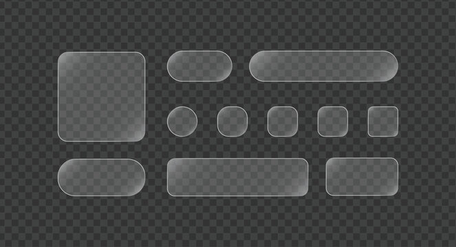 Set of 3D liquid glass buttons. Circle, square and rectangle, squircle box with glassmorphism effect and reflection. Transparent minimal UI app button set. Glossy glass screen interface frame.