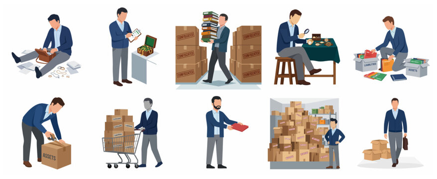 Set of Financial Investigators and Bailiffs Confiscating Assets and Auditing Property Flat Vector Illustration