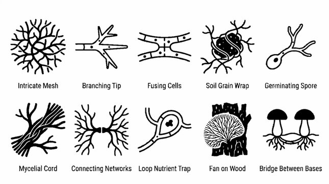 A collection of ten black and white line art icons illustrating various stages and structures of fungal mycelium growth.