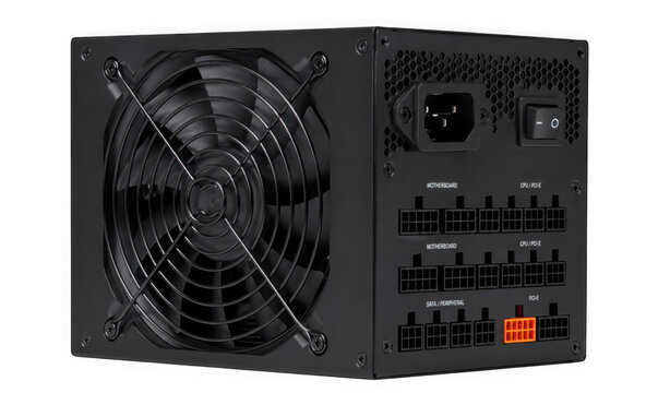 Black computer power supply unit with fan isolated on transparent background
