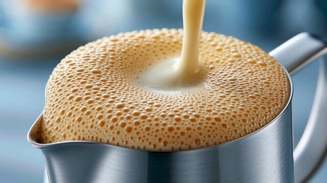 Creamy milk pouring into a metal pitcher with rich foam and bubbles, capturing fresh beverage preparation, smooth texture and warm cafe atmosphere