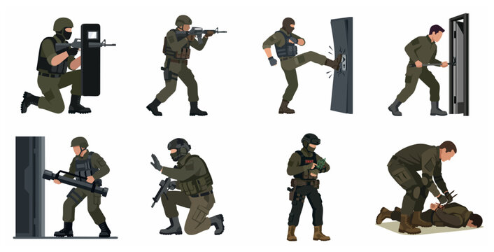 Special Forces SWAT Team Tactical Operations and Breaching Actions Vector Illustration Set