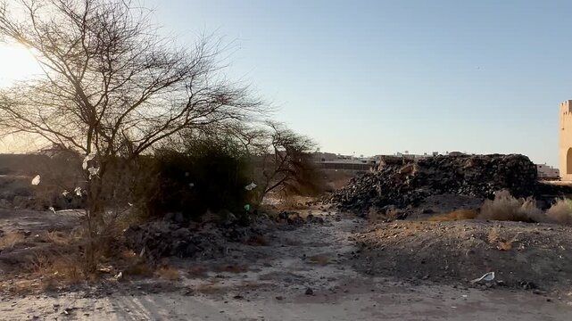 Historic Bir Urwah palace and arid desert landscape in Saudi Arabia.