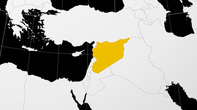 Syria map. Animated zoom into the country on the Globe in Black White color palette. Country logo animation. Map with meridians, parallels. Classy video.