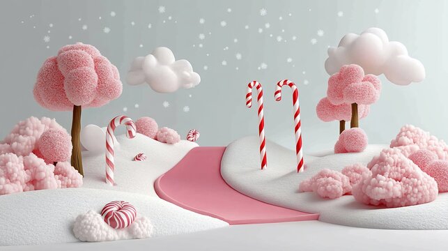 Whimsical candy land scene with pink trees, snowy ground, and candy canes