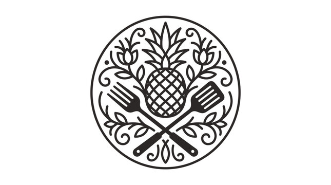 Minimalist circular line art logo featuring a pineapple with crossed fork and spatula.