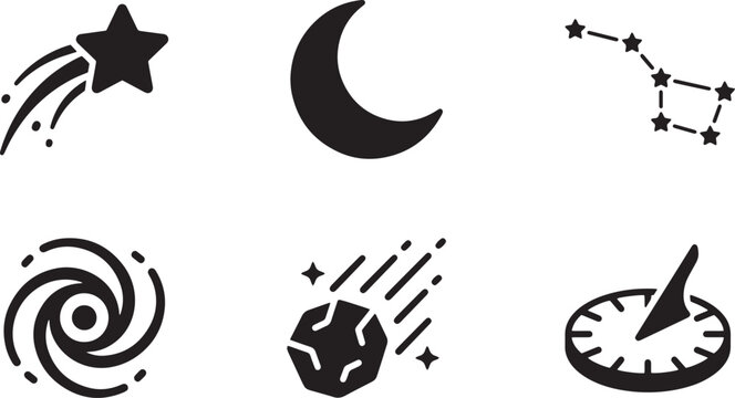 Astronomy and space icon set, 6 black celestial vector symbols, crescent moon and shooting star graphics, galaxy and constellation elements isolated on Transparent Background