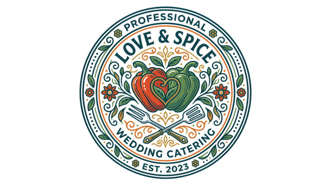 Professional Love and Spice Wedding Catering Logo Emblem.