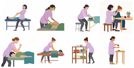 Fototapeta premium Set of Professional Spa Therapist Characters Performing Various Massage Treatments and Wellness Procedures in Flat Vector Style