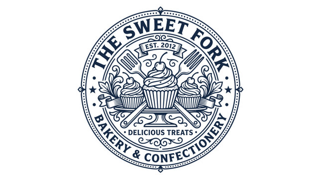 Vintage style bakery logo design with cupcakes and crossed fork and spatula.