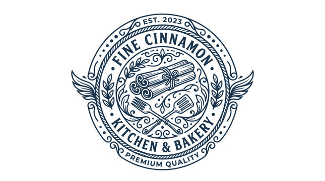 Vintage style bakery logo with cinnamon sticks and kitchen utensils.