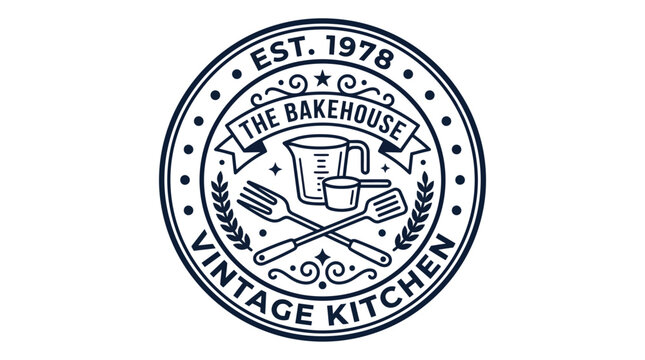 Vintage style bakery logo emblem with kitchen utensils.