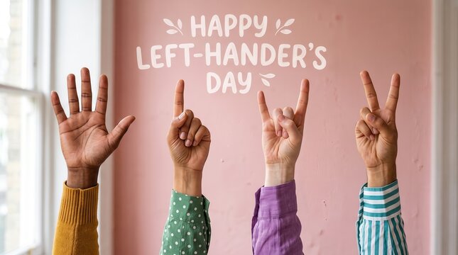 Four diverse hands raised against a pink wall with white text reading happy left handers day showing various finger gestures including a palm open index finger pointing rock sign and peace sign