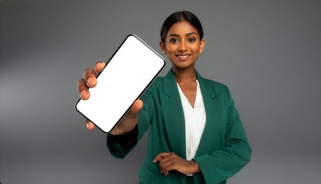 Smiling ethnic businesswoman showing blank smartphone screen close up, confident female professional presenting mobile app mockup at an angle isolated on dark gray background.