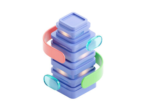 Isometric blue office building with abstract colorful ribbons