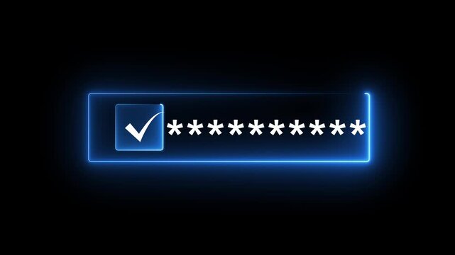 Futuristic neon glowing cyber security digital login password interface animation with a white checkmark icon representing a successful data authentication.