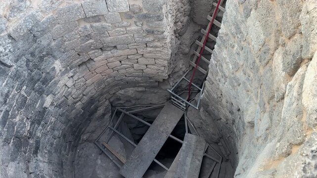 Archaeological excavation of an ancient stone well and historical ruins.