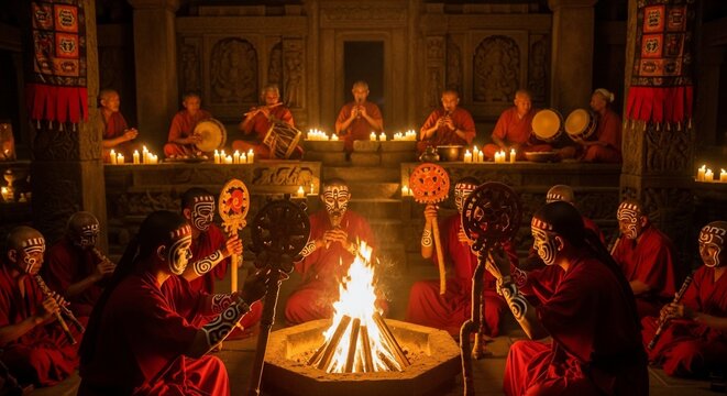 Religious ceremony with fire and figures
