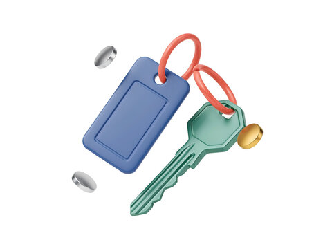 Metal key with a blue plastic key tag on a ring