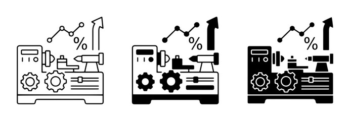 Obraz premium Lathe Machine Growth Icons, Manufacturing Productivity Increase, Industrial Efficiency Vector Set