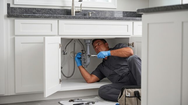 Professional Plumber Lying Down Repairing Kitchen Sink Drainage Pipe with Wrench Tool