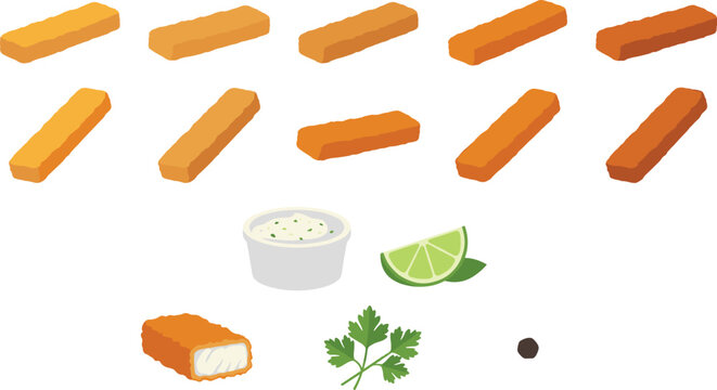 Vector illustration of crispy fried fish fingers with tartar sauce cup lime wedge parsley leaf sliced fish stick and peppercorn set