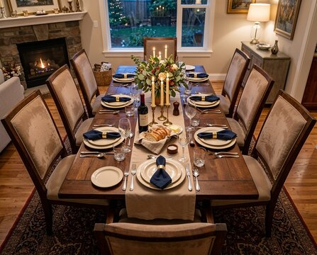 Elegant dining table set for dinner party with candles and d&eacute;cor  