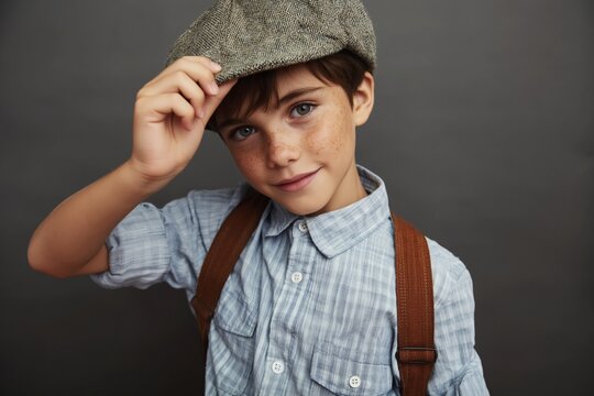 Stylish little boy in vintage flat cap and suspenders portrait