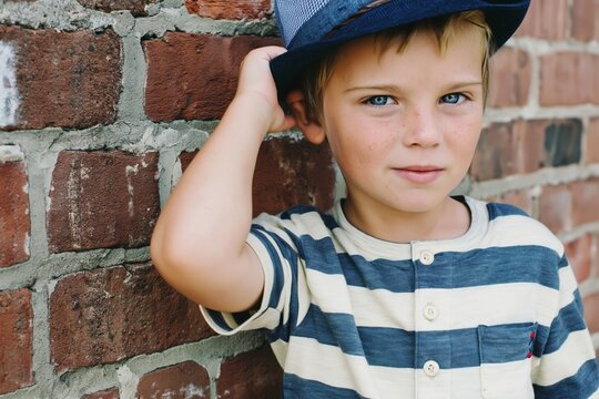 Stylish little boy wearing hat leaning against brick wall