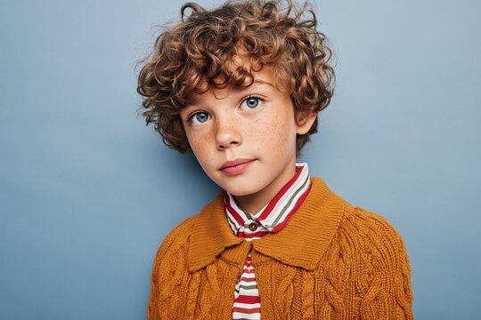 Cute curly haired boy with blue eyes portrait