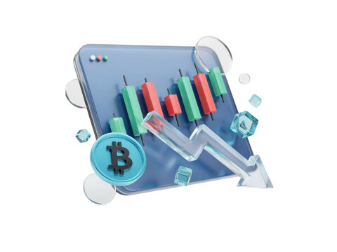 3d bitcoin trading chart with a down arrow icon