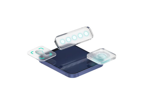 Digital tablet device with glowing holographic interface icons