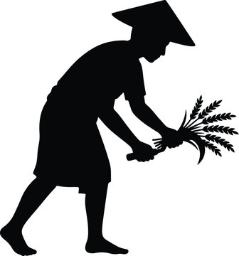 Asian farmer holding harvested rice stalks silhouette vector illustration
