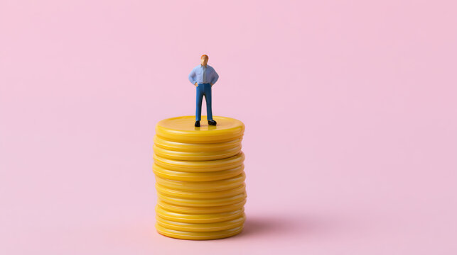 Miniature figure of a person standing on a tall stack of yellow coins against a vibrant pink background, symbolizing financial success and achievement