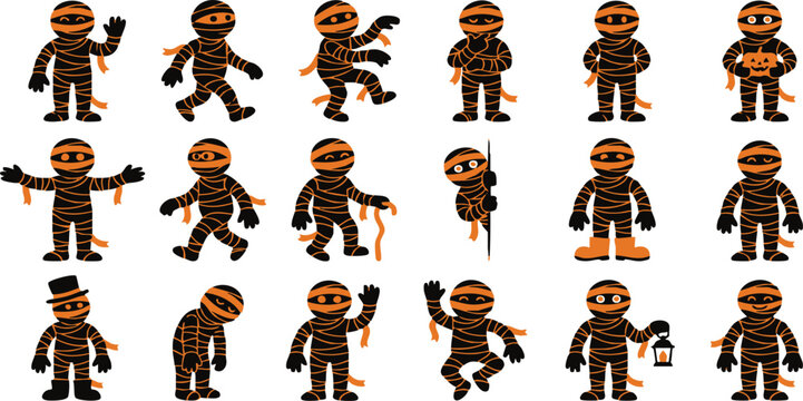 Set of cartoon mummy characters in various poses and actions for game design and animation projects
