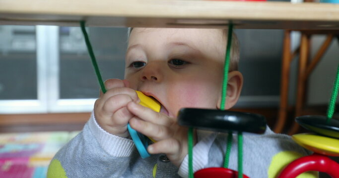 Cute baby boy playing with arch toy at home putting in mouth