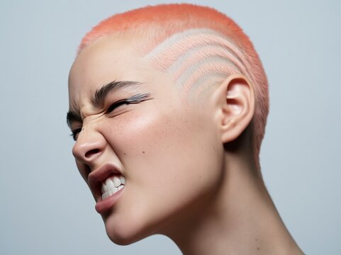 Woman with short buzz cut hair and expressive face grimace