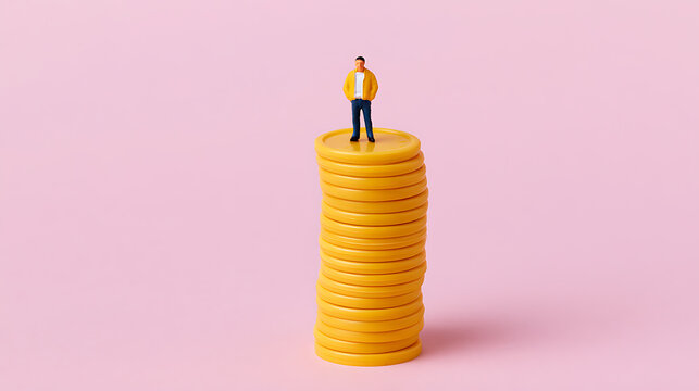 Tiny male figure stands atop a tall stack of yellow coins, symbolizing financial success, opportunity, and investment growth against a clean pink background