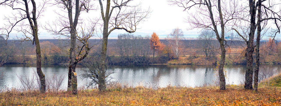 Autumn lake surrounded by bare trees with fields on opposite bank
