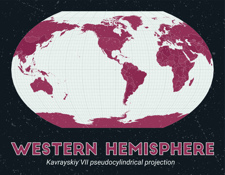 Western Hemisphere. World map. Kavrayskiy VII pseudocylindrical projection centered to Western Hemisphere. Pale Mint Dark Pink palette. Vintage texture. Authentic vector illustration.