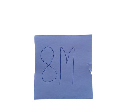 Blue paper with handwritten number 8m in dark blue ink, .keywords: 8m, number