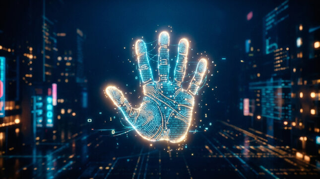 A stylized glowing digital human handprint icon composed of miniature data nodes and binary code lines, floating on a clean deep blue studio background. Identity security, behavioral biometrics image