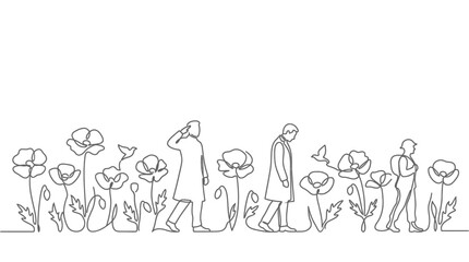 Obraz premium Continuous line drawing of people walking through a field of poppies.