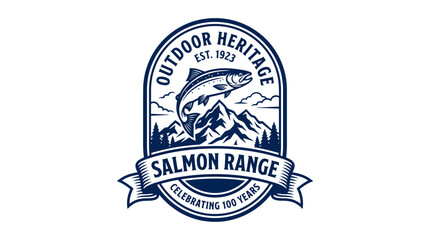 Obraz premium Vintage outdoor heritage logo featuring a leaping salmon and mountain range.