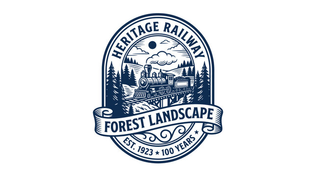 Vintage style emblem logo design featuring a steam locomotive train in a forest landscape.