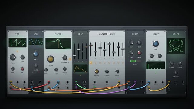 Modular synthesizer eurorack close-up with patch cables, step sequencer and oscilloscope, seamless loop
